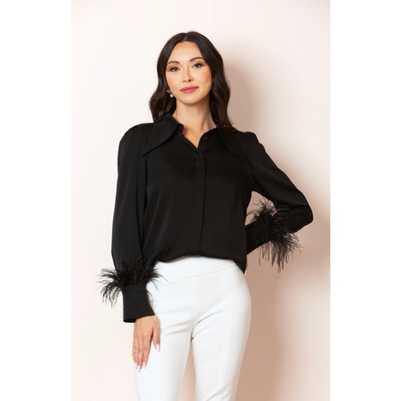 Jessie Liu San Francisco Black Silk Feather Cuff Blouse Large
